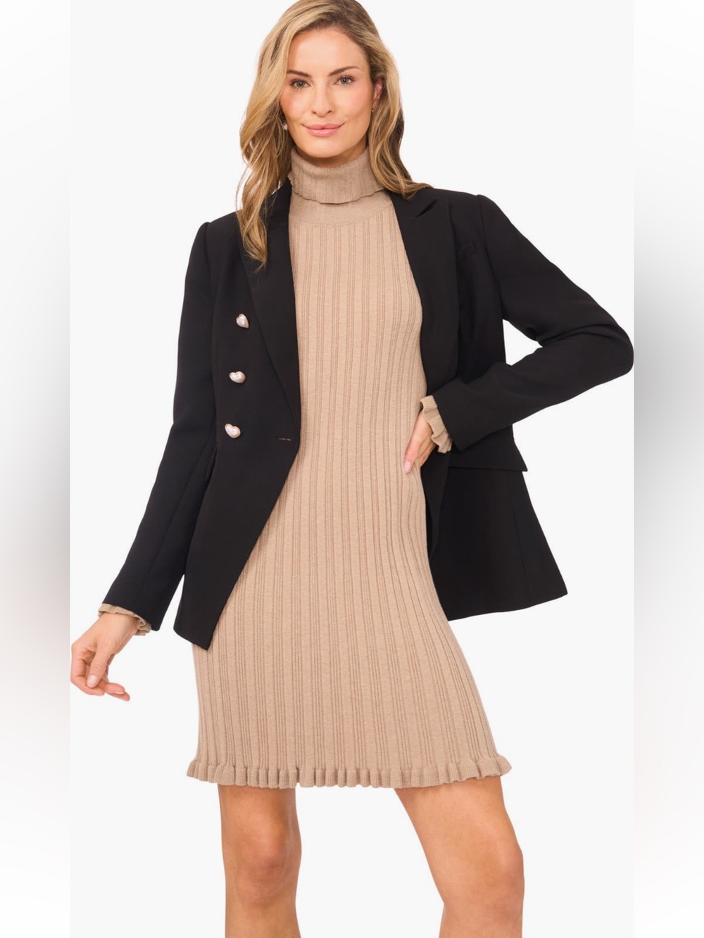CeCe Long Sleeve Rib Turtleneck Sweater Minidress in Camel Tan Preppy Minimalist - Picture 4 of 12